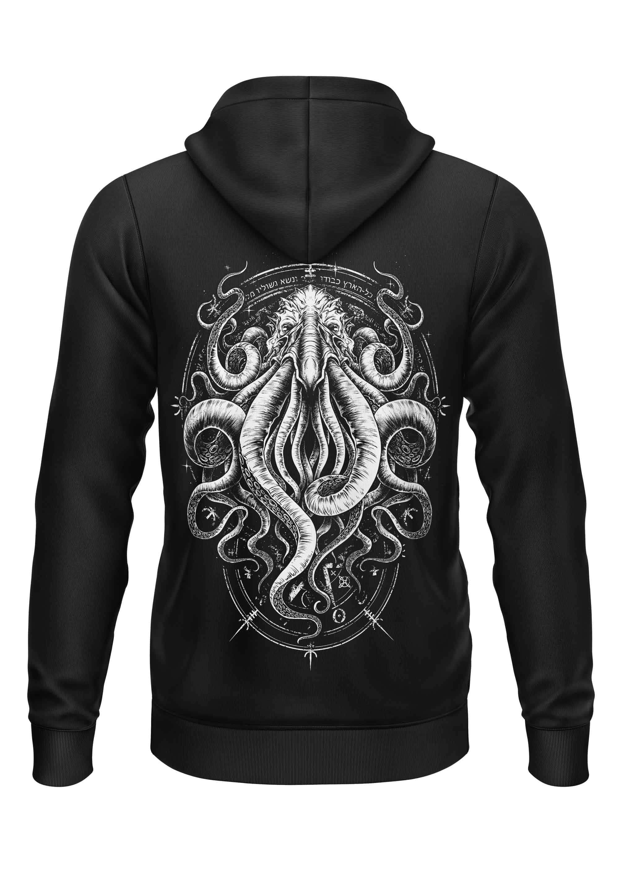 Schwarzer schwerer unisex hoodie mit detailliertem weißem cthulhu-backprint von lizenzierte bekleidung gmbh